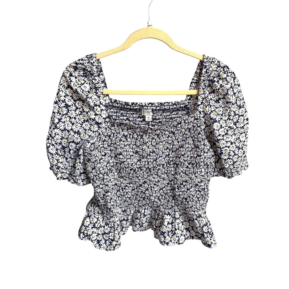 J.Crew Smocked Boho Preppy Navy Daisy Floral Puff Sleeve Top Square‎ Neck Size M